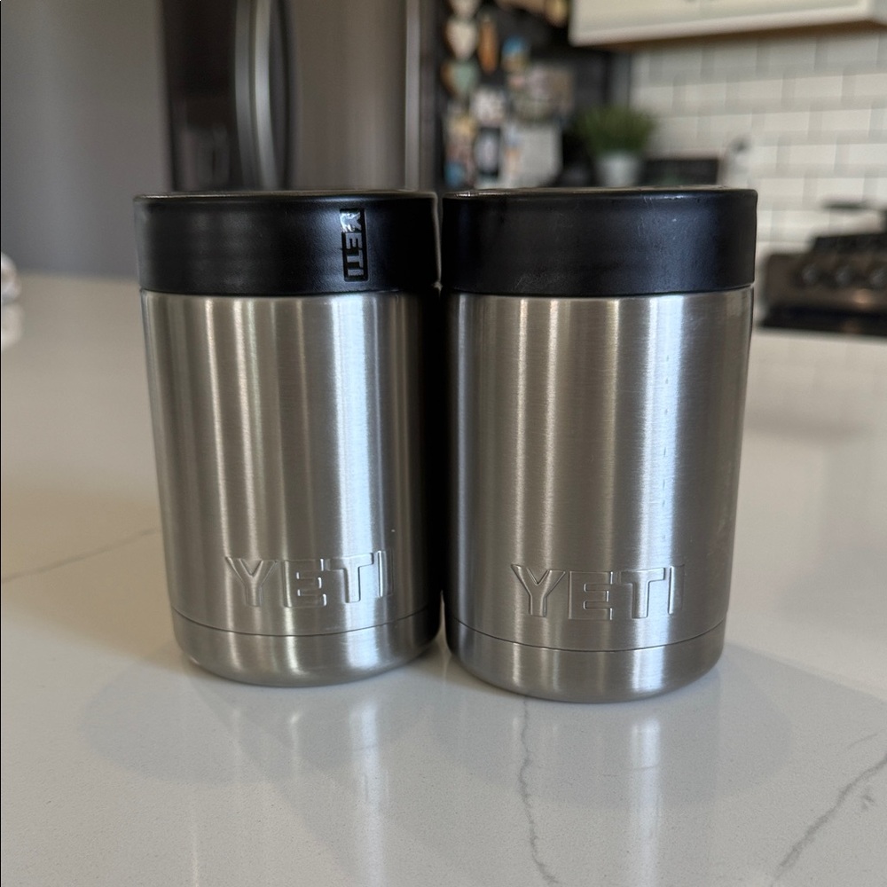 Yeti Stainless Steel Rambler Can Insulators in Silver with Black Lids - Set of 2